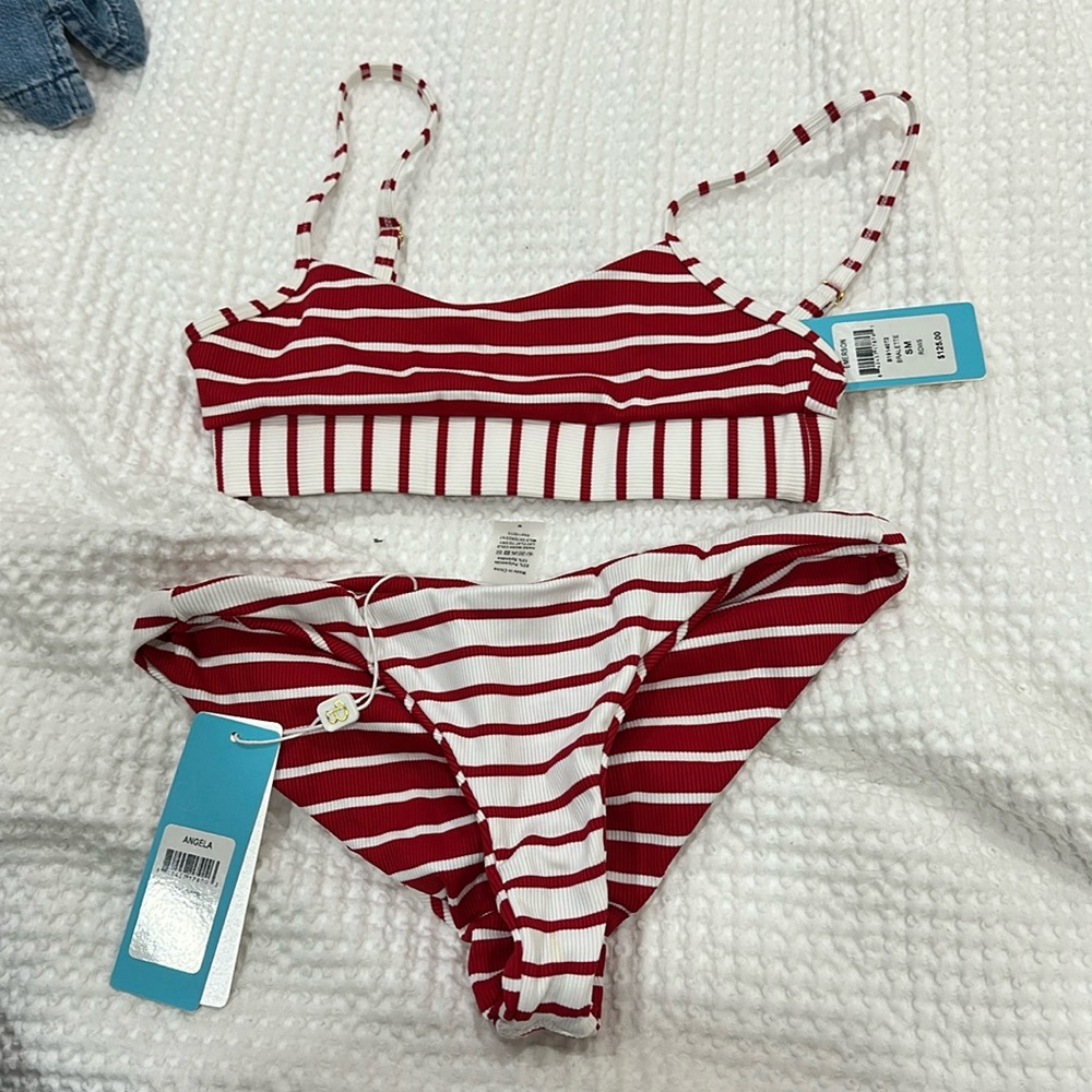 Beach Bunny Red & White Striped Ribbed Bikini